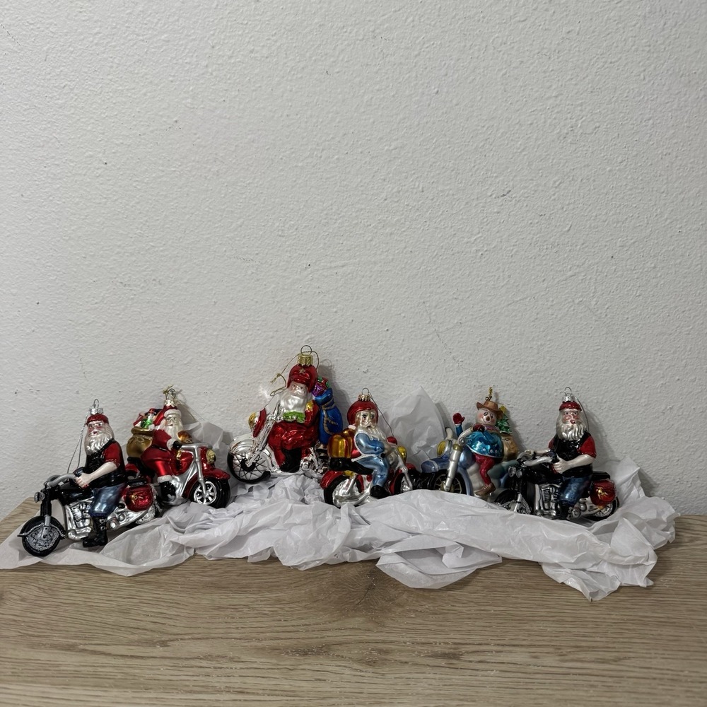 Glass Biker Santa On Motorcycle Christmas‎ Ornament Set Of 6 - Snowman On Bike